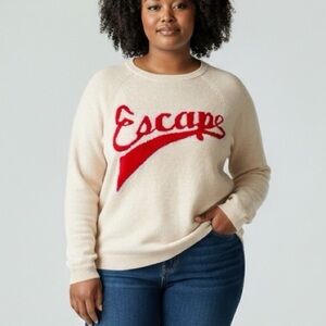 NWT SPRING + MERCER Escape Logo Long Sleeve Knit Cashmere Cream Red Sweater L